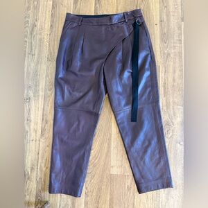 Tibi Brown Leather Pants Wrap Detail Ankle Length Size 6
